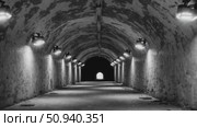 Aged tunnel with textured walls glowing under rows of lights, revealing mysterious passage leading toward luminous distant opening. Стоковое AI-видео, аниматор Данил Руденко / Фотобанк Лори