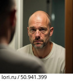 A bald man stands quietly in front of a mirror, his gaze focused and introspective. The watercolor effect enhances the emotions, capturing a moment of reflection and self discovery Generative AI. Стоковое AI-изображение, AI-художник Юлия Петровская / Фотобанк Лори