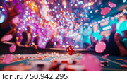 Casino Night Concept: Red die in mid-air with gaming chips and a vibrant, blurred backdrop of players and lights. Стоковое AI-изображение, AI-художник Данила Большаков / Фотобанк Лори