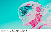 Futuristic concept of a robotic astronaut with complex mechanical innards and a transparent helmet against a cyan gradient backdrop. Стоковое AI-изображение, AI-художник Данила Большаков / Фотобанк Лори