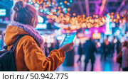 Traveler with Digital Itinerary at Festive Location. Стоковое AI-изображение, AI-художник Данила Большаков / Фотобанк Лори