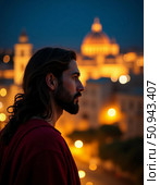 In the quiet moments of dusk, a figure portrays the essence of faith, reflecting deeply while overlooking the vibrant, illuminated streets of Jerusalem, creating a serene atmosphere Generative AI. Стоковое AI-изображение, AI-художник Юлия Петровская / Фотобанк Лори