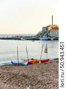 Petrovac, Montenegro, 5 May 2024, Tourist kayaks parked in port on Adriatic Sea. Редакционное фото, фотограф Spirit River / Фотобанк Лори