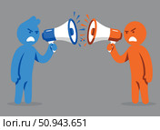 Метафора неспособности слышать друг друга в конфликте. Две фигуры кричат в мегафоны, символизируя агрессивный спор, непонимание и коммуникационные барьеры. Стоковое AI-изображение, AI-художник Ирина Першина / Фотобанк Лори