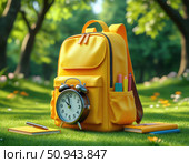 A yellow backpack with a clock on it sits on a grassy field. Стоковое AI-изображение, AI-художник Ярославский Максим / Фотобанк Лори