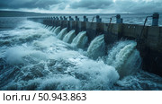 Dynamic and powerful waves crash forcefully against the coastal barrier during intense stormy weather conditions. Стоковое AI-изображение, AI-художник Anastasy Yarmolovich / Фотобанк Лори