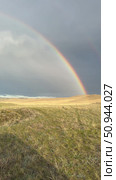Vertical video of rainbow over the shore of Baikal Lake after rain. Panoramic view of Small Sea and endless steppe of Olkhon Island. Natural background. Стоковое видео, видеограф Виктория Катьянова / Фотобанк Лори