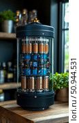 Intricate futuristic device with copper coils and blue mechanism displayed in a clear casing on a wooden surface. Стоковое AI-изображение, AI-художник Данила Большаков / Фотобанк Лори