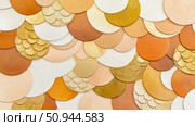 Abstract art installation with textured semicircle pattern in gold, brown and white tones. Стоковое AI-изображение, AI-художник Данила Большаков / Фотобанк Лори