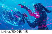 Futuristic spacewoman in advanced robotic spacesuit reaching for floating sphere, science and technology concept. Стоковое AI-изображение, AI-художник Данила Большаков / Фотобанк Лори