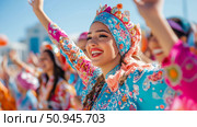 Cultural Festival Celebration: A vibrant depiction of joyful woman in traditional attire, celebrating with exuberance and radiant smiles. Стоковое AI-изображение, AI-художник Данила Большаков / Фотобанк Лори