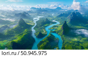 Breathtaking aerial: Turquoise River carving through Lush Green Mountain Valley. Стоковое AI-изображение, AI-художник Данила Большаков / Фотобанк Лори