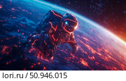 Concept: Futuristic Astronaut floating above glowing Earth. Стоковое AI-изображение, AI-художник Данила Большаков / Фотобанк Лори