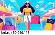 Summer Vacation: Illustration of a woman enjoying a shopping spree on a sunny day, surrounded by shopping bags and store fronts. Стоковое AI-изображение, AI-художник Данила Большаков / Фотобанк Лори