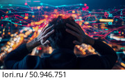 Burdened Data: Concept art of a man overwhelmed by information, hands on head in distress, with overlaying data streams, for mental health awareness, poster. Стоковое AI-изображение, AI-художник Данила Большаков / Фотобанк Лори