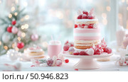 Celebratory Christmas Dessert: A tiered cake with raspberries and powdered sugar on a pink stand, holiday sweet treat. Стоковое AI-изображение, AI-художник Данила Большаков / Фотобанк Лори