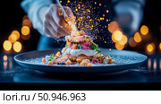 Artistic Culinary Creation: Exquisite plating of a gourmet dessert, garnished with delicate flowers and golden dust, enhanced by elegant bokeh lights. Стоковое AI-изображение, AI-художник Данила Большаков / Фотобанк Лори