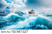 Oil Tanker Navigating Through Turbulent Sea During a Storm Against a Backdrop of Snow-Capped Mountains. Стоковое AI-изображение, AI-художник Данила Большаков / Фотобанк Лори