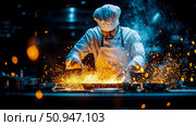 Culinary Action: A chef skillfully flips ingredients in a pan, creating a burst of sparks in a professional kitchen for culinary promotion, food blog, recipe showcase. Стоковое AI-изображение, AI-художник Данила Большаков / Фотобанк Лори