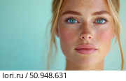 Portrait of a fair-skinned woman with freckles and captivating blue eyes, ideal for skincare ads and beauty tutorials. Стоковое AI-изображение, AI-художник Данила Большаков / Фотобанк Лори