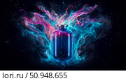 Cosmic Vial: A Bottle Surrounded by Nebulous Clouds of Pink and Blue Gas in Deep Space. Стоковое AI-изображение, AI-художник Данила Большаков / Фотобанк Лори