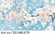 Spring blossom concept: Delicate cherry blossom branches on blue water color for card, print, banner. Стоковое AI-изображение, AI-художник Данила Большаков / Фотобанк Лори