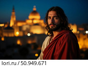 This watercolor artwork features Jesus standing against the backdrop of Jerusalem at dusk, embodying serenity and divine connection in rich colors and textures Generative AI. Стоковое AI-изображение, AI-художник Юлия Петровская / Фотобанк Лори