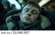 Man Sleeping on Public Transport: A moment of rest amidst travel, displaying exhaustion and the need for respite. Стоковое AI-изображение, AI-художник Данила Большаков / Фотобанк Лори