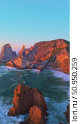 Ursa Beach, Cliffs and Ocean at Sunset. Portugal. Aerial View. Vertical Video. Стоковое видео, видеограф Максим Забаровский / Фотобанк Лори