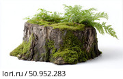 Stump covered in moss and ferns flourishing in natural light. Стоковое AI-изображение, AI-художник Katsiaryna Repich / Фотобанк Лори