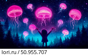 Child's Dreamlike Encounter: Glowing Jellyfish Floating in a Starry Sky Above a Forest, Expression of Wonderment and Awe. Стоковое AI-изображение, AI-художник Данила Большаков / Фотобанк Лори
