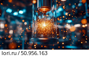 A glowing golden particle cloud contained within a transparent laboratory vessel, symbolizing cutting-edge energy research and scientific discovery. Стоковое AI-изображение, AI-художник Данила Большаков / Фотобанк Лори