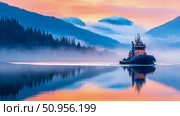 A tranquil journey of a lone tugboat across a serene misty lake at colorful dawn, with majestic mountains and a peaceful forest reflected in the water. Стоковое AI-изображение, AI-художник Данила Большаков / Фотобанк Лори