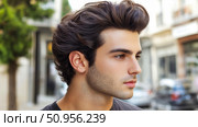 Portrait of a Handsome Young Man with Dark Wavy Hair and a Well-Groomed Stubble Beard, in an Outdoor Urban Setting. Стоковое AI-изображение, AI-художник Данила Большаков / Фотобанк Лори