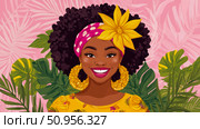 A vibrant celebratory portrait of a radiant African woman with a joyful smile, adorned with a bright yellow tropical bloom and ornate earrings, surrounded by lush green foliage on a cheerful pink gro. Стоковое AI-изображение, AI-художник Данила Большаков / Фотобанк Лори