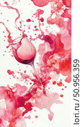 Dynamic watercolor splashes of crimson liquid bursting from a tilted glass, suitable for a beverage promotion, vibrant abstract art print, or celebratory poster. Стоковое AI-изображение, AI-художник Данила Большаков / Фотобанк Лори