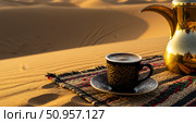 Black cup of arabic coffee on a colorful rug with a golden dallah in the sand dunes at sunset. Hot beverage for hospitality and tradition. Стоковое AI-изображение, AI-художник Анжелика Самсонова / Фотобанк Лори