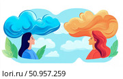 Abstract illustration of two people with distinct cloud thoughts, symbolizing communication and understanding differences for a human relation concept. Стоковое AI-изображение, AI-художник Данила Большаков / Фотобанк Лори