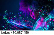 Concept: Future technology and digital interaction. A vibrant portrayal of a woman engaging with a glowing holographic interface, symbolizing innovation. Стоковое AI-изображение, AI-художник Данила Большаков / Фотобанк Лори