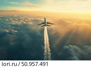 A commercial airplane's contrail curves into a dollar sign against a clear blue sky. This unique atmospheric spectacle combines aviation with economic symbolism, capturing a stunning moment. Стоковое AI-изображение, AI-художник Nart / Фотобанк Лори