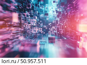 A digital landscape filled with glowing transparent cubes in motion. The neon hues of pink and blue create a fast-paced futuristic data environment. Стоковое AI-изображение, AI-художник Nart / Фотобанк Лори