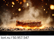 A juicy beef steak sears to perfection over open flames. This tantalizing image highlights the savory, sizzling nature of well-cooked meats, inviting food enthusiasts to savor its deliciousness. Стоковое AI-изображение, AI-художник Nart / Фотобанк Лори
