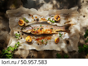 A sizzling whole baked trout with crackling skin greets the eyes, nestled on aged parchment. Roasted herbs and spices enhance the aromatic, rustic presentation of this gourmet seafood masterpiece. Стоковое AI-изображение, AI-художник Nart / Фотобанк Лори