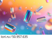 An abstract portrayal of smooth, iridescent cylinders in a futuristic setting. The holographic hues create a striking visual effect with dreamy gradients, evoking a sci-fi inspired aesthetic. Стоковое AI-изображение, AI-художник Nart / Фотобанк Лори