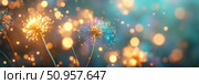 A surreal display of fireworks in hues of violet, teal, and gold adorns a starry night sky. The soft bokeh effect adds a dreamy, otherworldly touch to this ethereal spectacle of celebration. Стоковое AI-изображение, AI-художник Nart / Фотобанк Лори