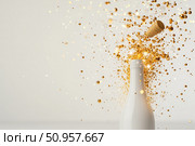 A sleek champagne bottle erupts with bubbling golden effervescence as the cork soars into the air. This sparkling pop captures the essence of celebration and luxury. Стоковое AI-изображение, AI-художник Nart / Фотобанк Лори