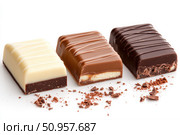 A trio of chocolate bars showcases a range of hues from ivory to espresso. These neatly arranged bars reveal glossy, segmental surfaces, embodying the allure of gourmet chocolate delights. Стоковое AI-изображение, AI-художник Nart / Фотобанк Лори