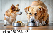 Small Dog Watches Large Dog Eat From Food Bowl on Wooden Floor. Generative AI. Стоковое AI-изображение, AI-художник Roman Zavorotny / Фотобанк Лори