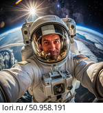 Astronaut Takes Self During Spacewalk With Earth And Sun In Background. Generative AI. Стоковое AI-изображение, AI-художник Roman Zavorotny / Фотобанк Лори