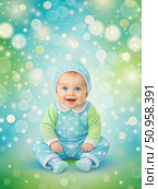 A Happy Baby Boy Sitting on a Green and Blue Background. Generative AI. Стоковое AI-изображение, AI-художник Roman Zavorotny / Фотобанк Лори